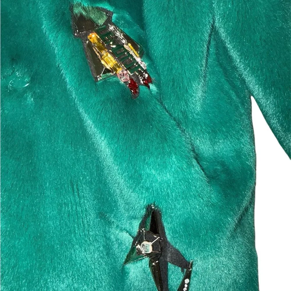 Le Motif Korean Designer Bejeweled Faux Fur Coat Girls XXL Emerald Green